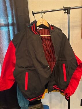 Men's Black and Red Varsity-Style Jacket